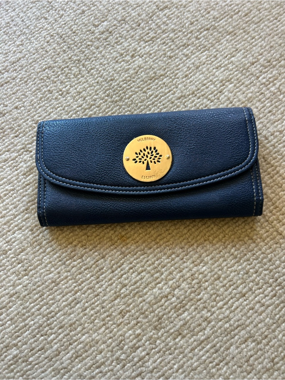 Mulberry Navy Leather Continental Wallet with Gold Tree Emblem